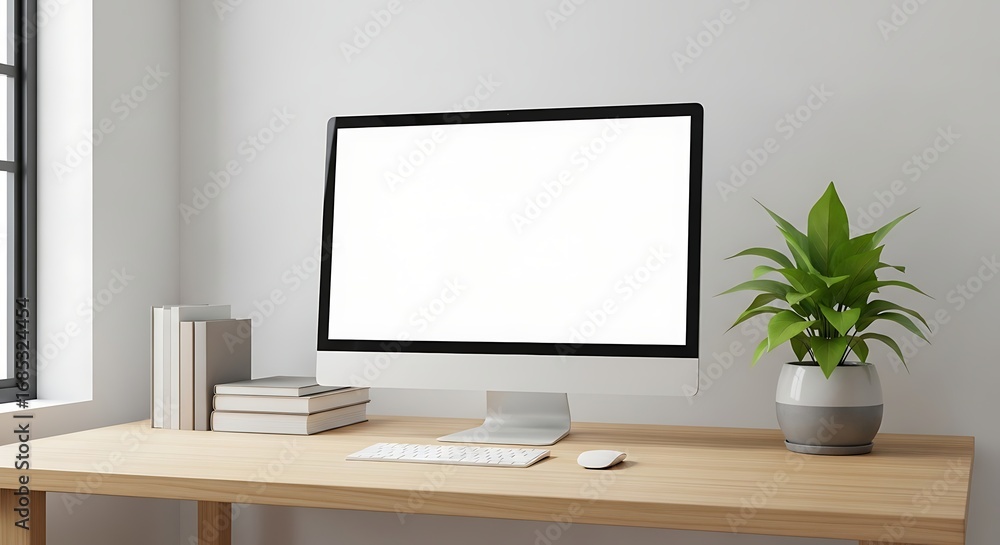 Poster modern computer sits on wooden desk in bright office space with plant and books, creating a clean an