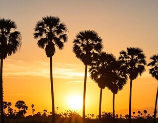 Silhouetted palm trees at golden sunset