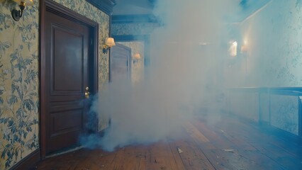 Fototapeta premium Smoke filling vintage hallway with wooden floor and floral wallpaper