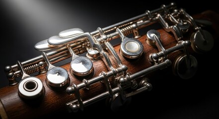 Fototapeta premium Close-up of the Polished Silver Keys and Rich Wooden Body of a Classical Woodwind Instrument on a Dark Background