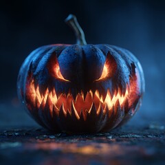 Sinister glowing Halloween jack-o'-lantern with sharp teeth in dark, eerie setting