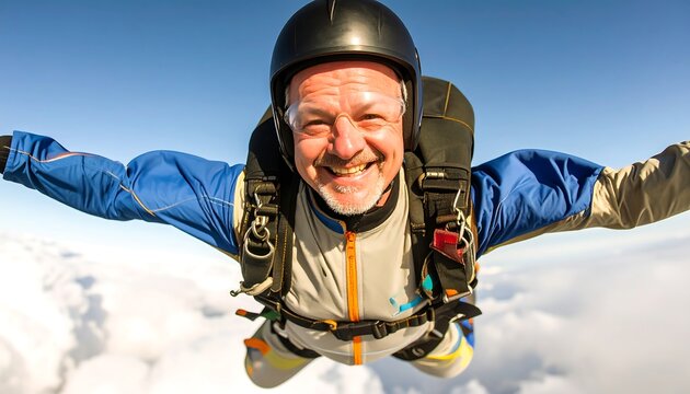 Smiling skydiver above clouds