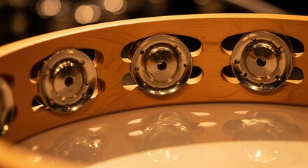 Close-up of the shiny jingles on a wooden tambourine, reflecting warm light in a musical setting.