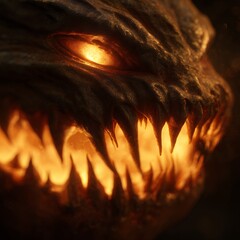 Menacing Dark Monster with Glowing Orange Eyes and Sharp Teeth. Scary Creature Concept Art for Horror Fantasy