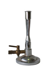 Metal Bunsen burner used in laboratory experiments for heating, sterilization, and combustion.