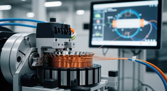Electric vehicle motor stator copper wire winding process with computercontrolled winding machine and digital interface.