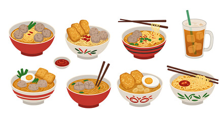 Flat design vector set of Indonesian bakso meatball dishes with noodles and soup