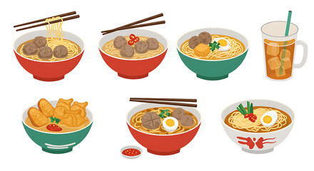 Flat design vector set of Indonesian bakso meatball dishes with noodles and soup