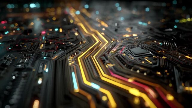 Futuristic Abstract Circuit Board Design with Glowing Lines and Lights