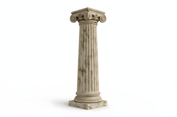 Fototapeta premium Isolated Ionic column, weathered stone, white background, design element