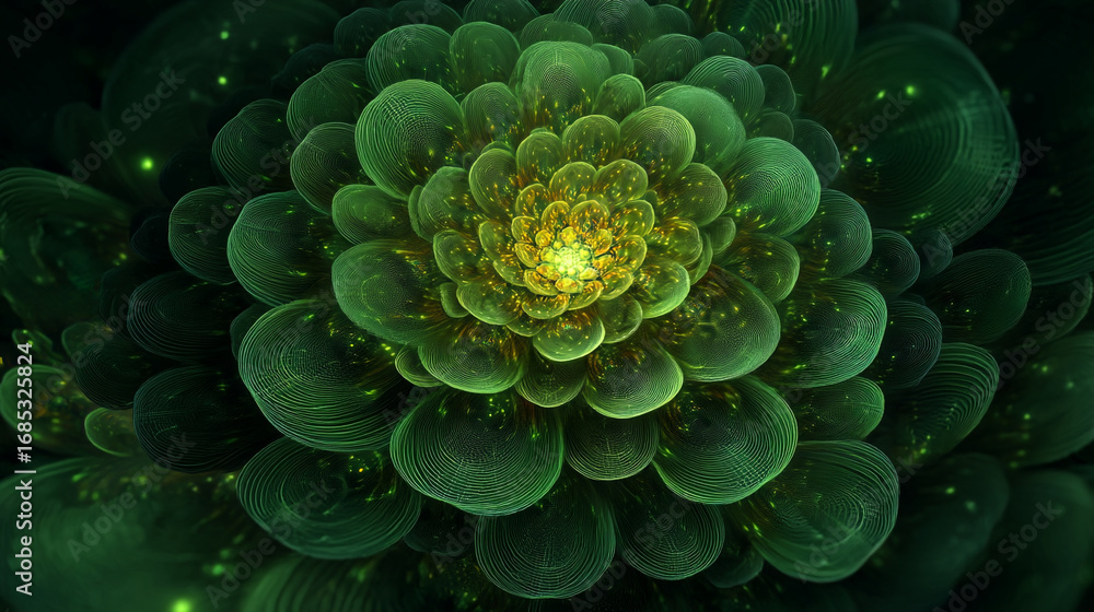 Aufkleber close up of a green and yellow fractal flower with repeating patterns and glowing light spots around