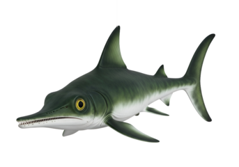 A detailed illustration of a prehistoric shark, displaying its distinctive features and graceful form against a stark black backdrop.