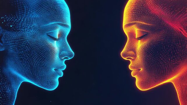 Two wireframe faces approaching for a kiss representing love in the digital age