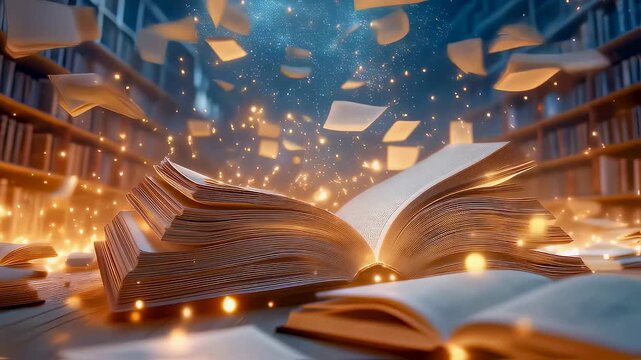 Open books with flying pages, magical sparkling lights, library bookshelves in background, dynamic composition with floating paper elements and glowing particles.