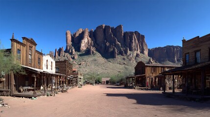 Historic Old West Town with Wooden Buildings Under Blue Sky and Rocky Mountain Background