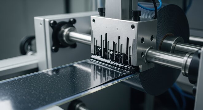 Graphene ink slotdie coating system applying nanomaterial layers on flexible electrode rolls as part of supercapacitor prototype production.