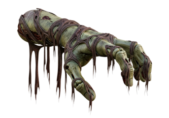 A decaying, wrapped zombie hand reaches out against a stark black backdrop, showcasing intricate detail in its textures and colors.