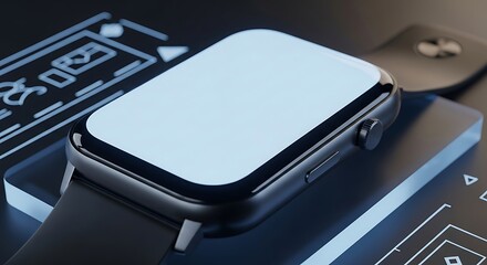 Modern smartwatch displaying blank screen resting on sleek charging dock with futuristic circuit board patterns, showcasing technology and innovation.