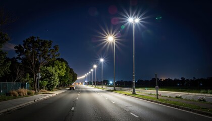 Empty Road at Night with Street Lights Cityscape and Transportation