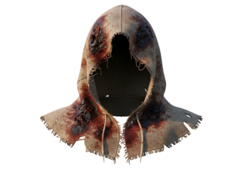 A tattered, blood-stained hooded garment, depicted against a stark black background, evokes a sense of decay and danger.