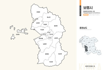 Obraz premium 충청남도 보령시 행정동 윤곽선 지도