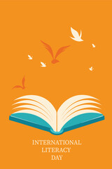 Open book with flying birds against a vibrant orange background