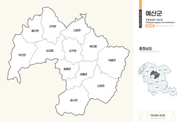 Obraz premium 충청남도 예산군 행정동 윤곽선 지도