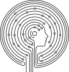 Modern Minimalist Line Art Head, Neural Network Concept, Technology Design, head, profile, circular, lines, dots, black and white, minimalist, modern, technology, circuit, brain, neural network, Ai
