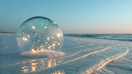 A clear glass sphere containing sparkling lights rests on the wet sand of a serene beach during sunset.
