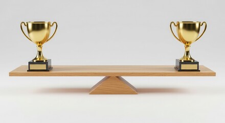 Two identical golden trophies perfectly balanced on a wooden seesaw, symbolizing equality or fair competition.