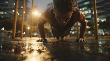 Sweaty male athlete doing pushups on wet ground. Man performing intense exercise outdoors. Fitness, determination, and strength training concept.