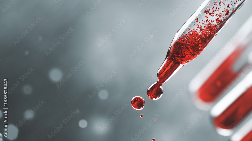 Poster a close up shot of a pipette dripping red liquid with test tubes in the background on a gray surface