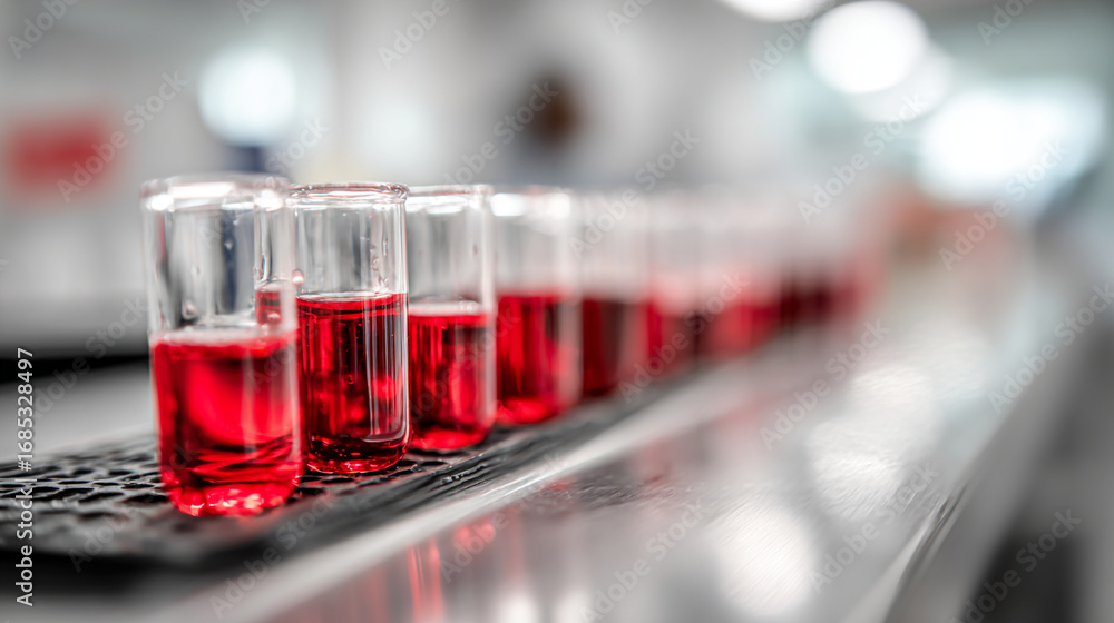 Aufkleber row of test tubes filled with red liquid on a metal surface in a laboratory setting background