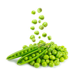 Fresh green pea pods with green peas isolated on white background. Sweet green peas. Green pea beans vegetables. Vegan. healthy vegetable