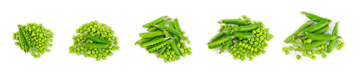 Fresh green pea pods with green peas isolated on white background. Sweet green peas. Green pea beans vegetables. Vegan. healthy vegetable