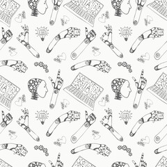 Ink drawn vector seamless repeat pattern in expressive freeform style. Artificial intelligence, robot