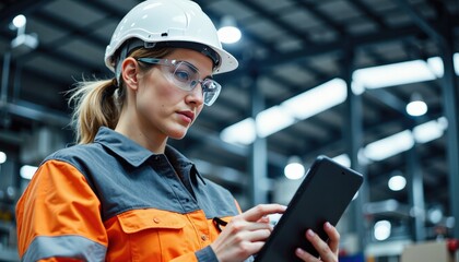 Female Engineer Using Tablet in Industrial Factory Setting