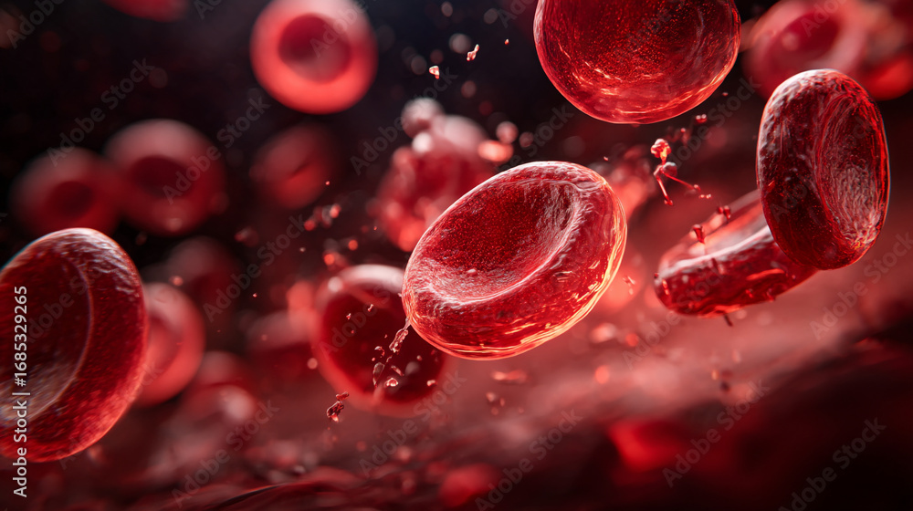 Poster a microscopic view showing many red blood cells floating in a dark red liquid environment close up