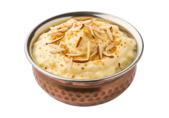 Creamy dessert in a copper bowl, adorned with almonds and a sprinkle of nuts.