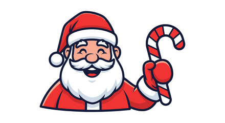 Jolly cartoon Santa Claus with a white beard holding a festive red and white candy cane.