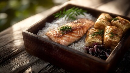 A traditional bento box featuring grilled salmon white rice savory egg rolls and pickled vegetables set on a rustic wooden table