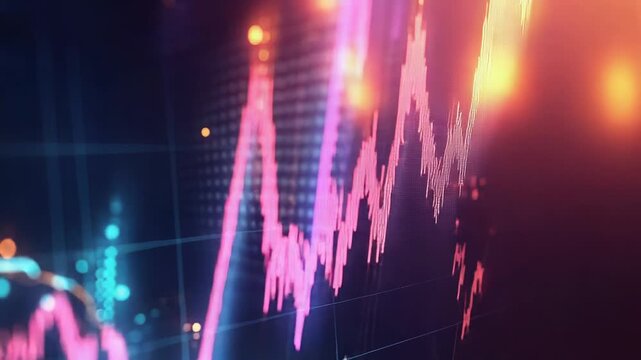 Stock market graph showing increasing and decreasing trends with blurred city lights in background