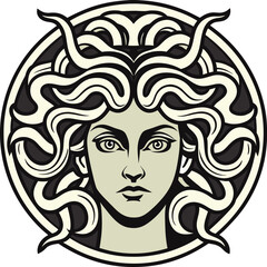 Medusa head black and cream greek mythology face