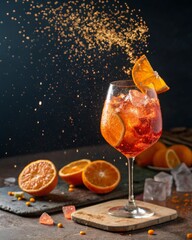 Luxury cocktail explosion with Aperol Spritz glass in center, orange slices, ice cubes, and prosecco bubbles bursting outward in vivid glowing motion, summer aesthetic