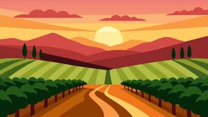 Vineyard Vista Rolling Hills Nature Vector Illustration Artwork