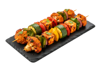 Colorful vegetable and paneer skewers displayed attractively on a dark stone platter against a black background.