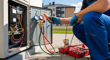 Technician wearing blue overalls and gloves is servicing an air conditioning unit, using gauges and a multimeter to check the system.