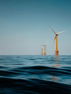 Vista di turbine eoliche in mare aperto, rappresentanti della produzione di energia pulita.