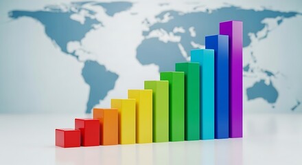 Fototapeta premium Stunning 3D bar graph showcases global financial growth in vibrant rainbow colors against world map