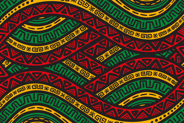 African ethnic tribal clash ornament seamless pattern background. Simple hand drawn symbols background in traditional African colors black, red, yellow, green. Kwanzaa decorative print